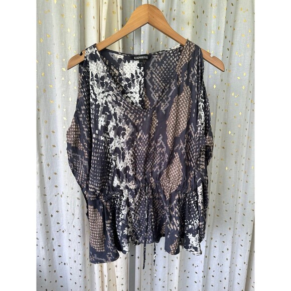 Express Women's Snakeskin Print Cold Shoulder Batwing Drawstring Waist Blouse S - Picture 2 of 7